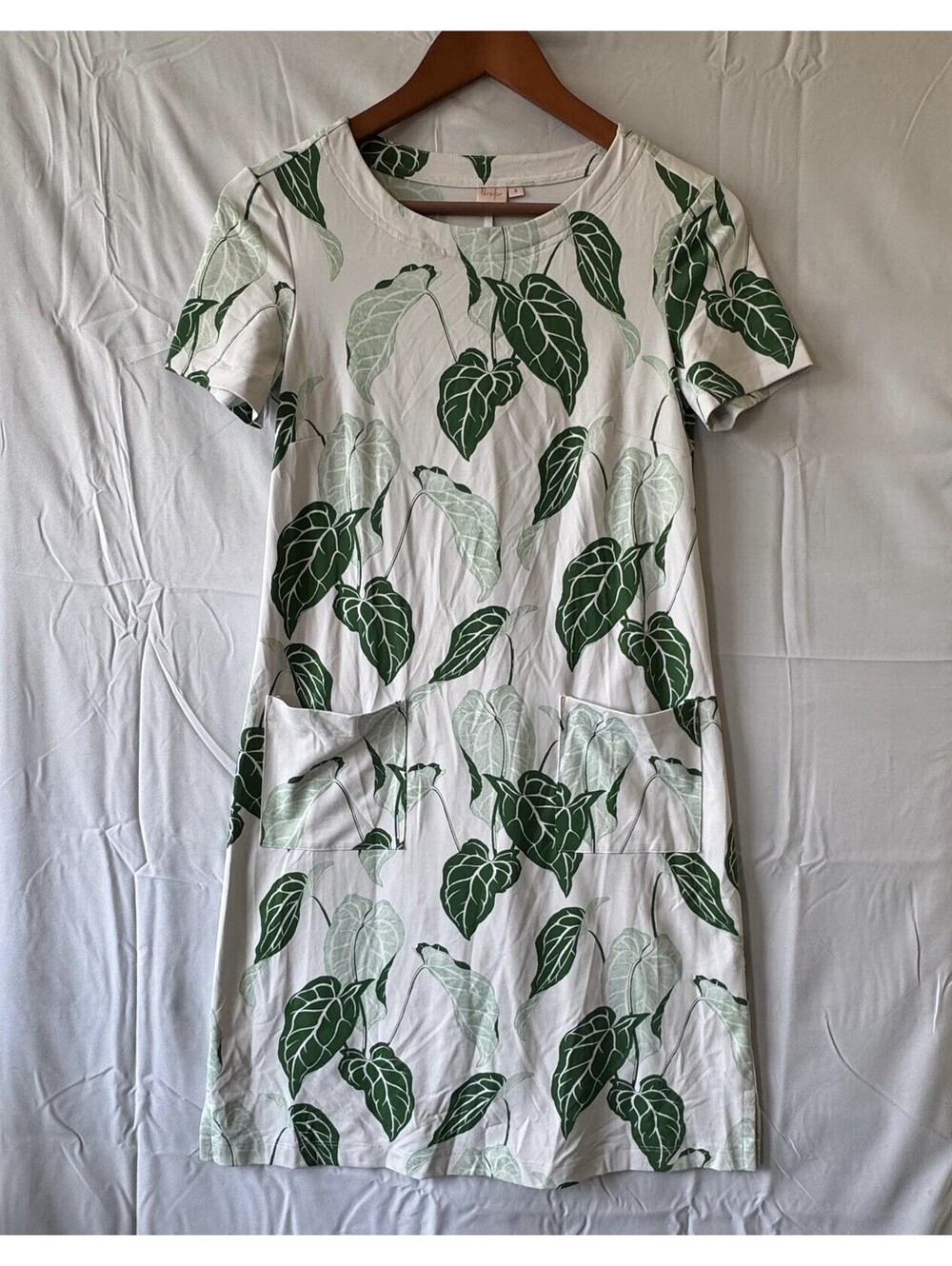 Persifor Dress Womens S White Green Leaf Print Stretch T-Shirt Shift USA